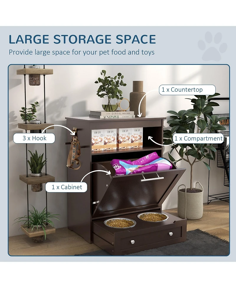 Ruie Pet Feeder Station Storage Cabinet with Raised Dog Bowls and Side Hooks