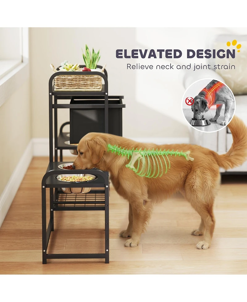 Ruie Height Adjustable Dog Bowl Stand with Two Feeding Stations and Toy Bin Basket