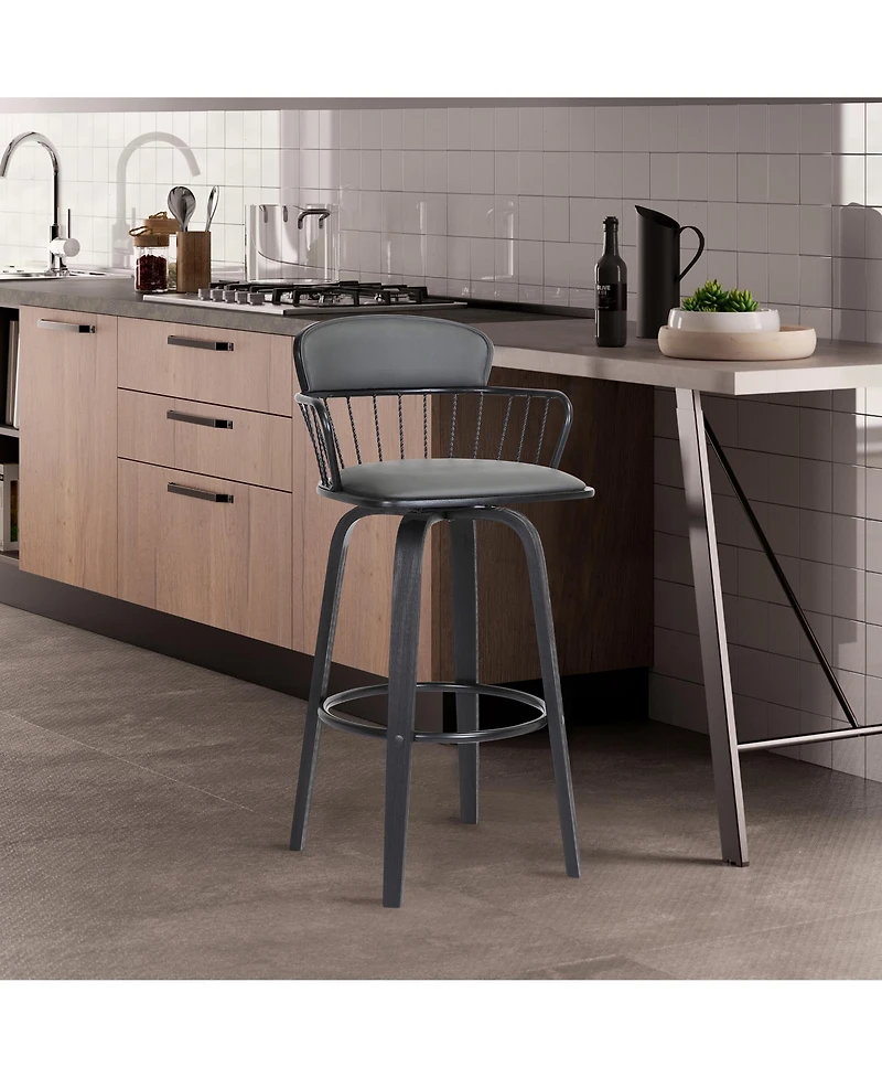 Clihome Leather Bar Stool with Metal Backrest, Industrial Swivel Counter Height Chair, Distressed Wood Leg Kitchen Island Stool