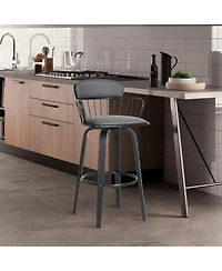 Clihome Leather Bar Stool with Metal Backrest, Industrial Swivel Counter Height Chair, Distressed Wood Leg Kitchen Island Stool