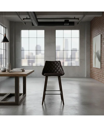 Clihome Leather Bar Stool with Diamond Tufting, Modern Upholstered Counter Height Chair, Wood Leg Kitchen Island Stool