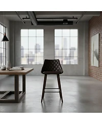 Clihome Leather Bar Stool with Diamond Tufting, Modern Upholstered Counter Height Chair, Wood Leg Kitchen Island Stool