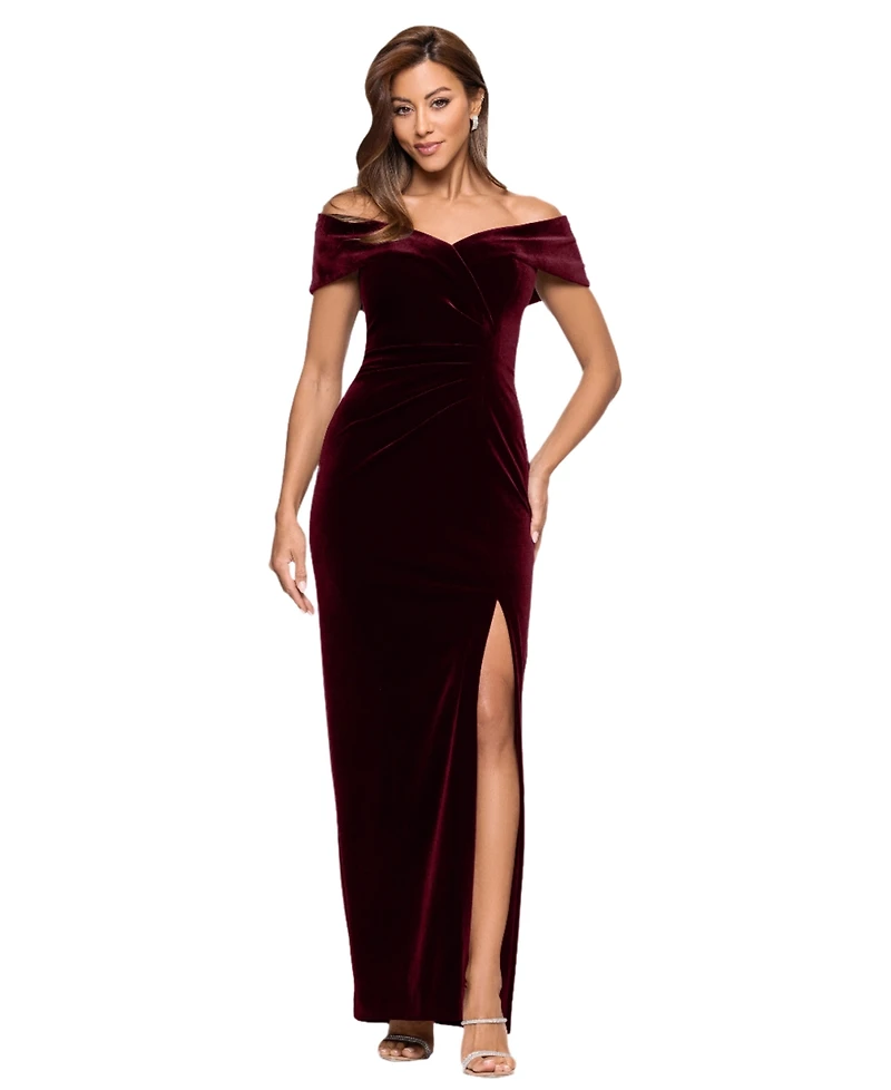 Xscape Women's Velvet Off-The-Shoulder Leg-Slit Gown