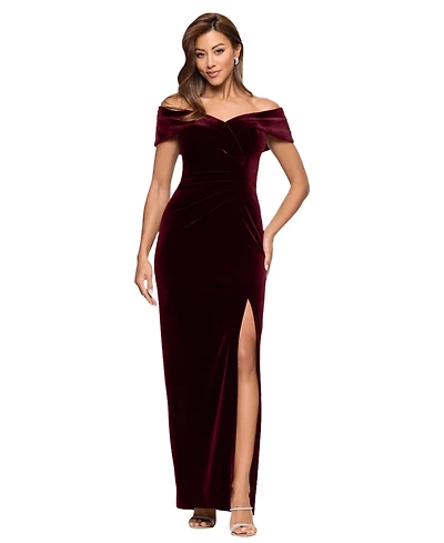 Xscape Women's Velvet Off-The-Shoulder Leg-Slit Gown