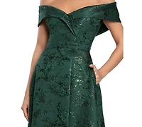 Xscape Women's Printed Brocade Off-the-Shoulder Gown