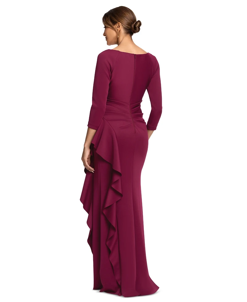 Xscape Women's Scuba Long Sleeve Ruffle Gown