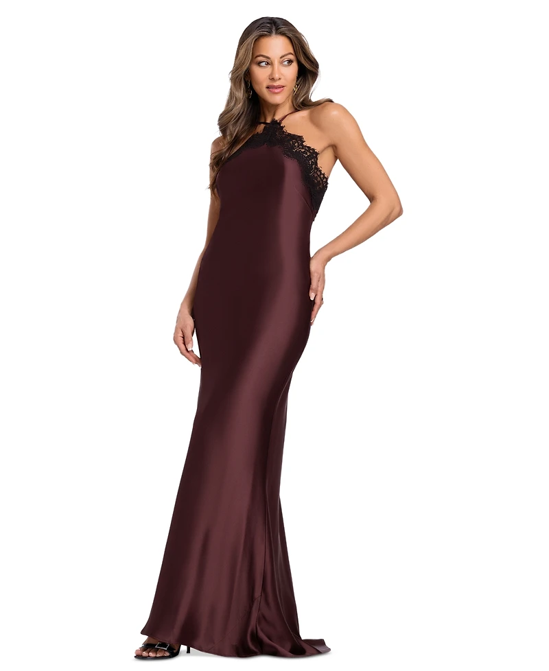 Xscape Women's Satin Lace Combination Halter Gown
