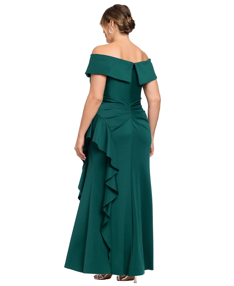 Xscape Plus Off-The-Shoulder Ruffle Sheath Gown