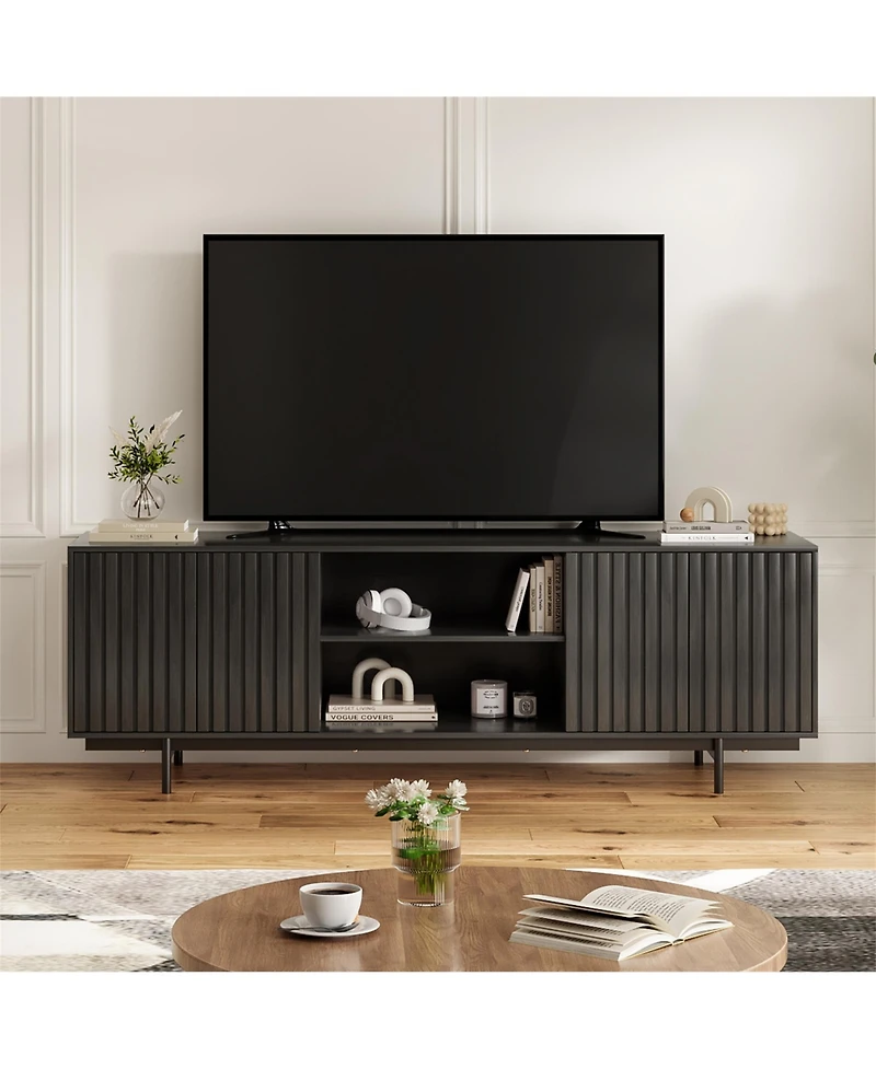 Clihome Mid Century Modern Wood Entertainment Center Tv Stand with Storage and Shelf