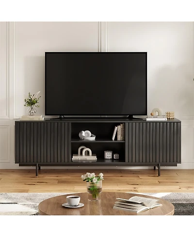 Clihome Mid Century Modern Wood Entertainment Center Tv Stand with Storage and Shelf