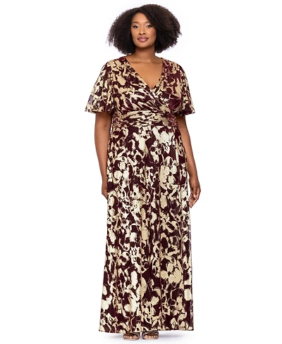 Betsy & Adam Plus Foil Fabric V-Neck Short-Sleeve Gown