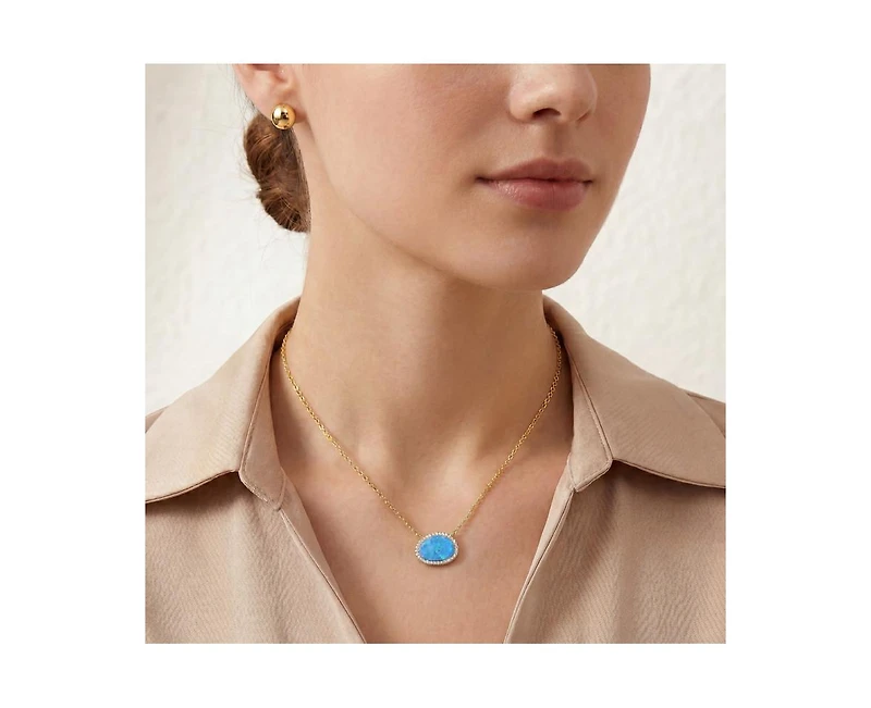 Rachel Glauber 14K Gold Plated Sparkling Oval Opal and Cz Halo Necklace