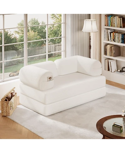 4-in-1 Convertible Folding Sofa Bed, Corduroy Floor Frame-Free Lounger with Foam Backrest-Perfect for the Living Room and Bedroom