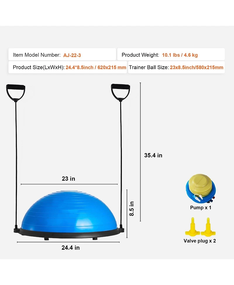 Vevor 23" Half Exercise Ball Trainer Yoga Balance Stability Ball Resistance Band