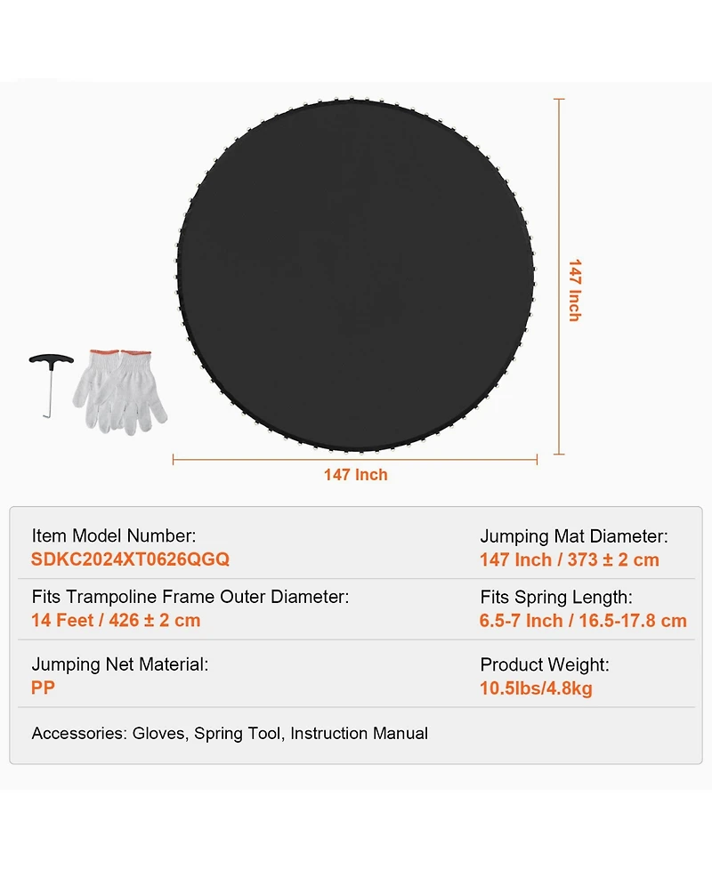 Vevor Replacement Trampoline Mat Fits 14ft Frame 72 V-Ring 6.5"-7" Spring Length