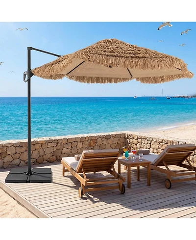Costway 9.5 Feet Cantilever Tiki Patio Umbrella Set with 220 Lbs Fillable Base for Garden
