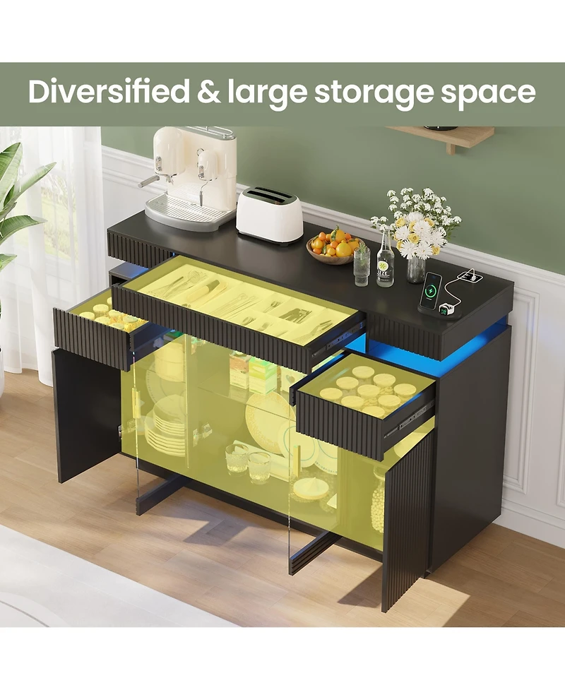 Vlsrka 47.24" Modern Sideboard Cabinet with Led Lights, Glass Doors and Usb Charging