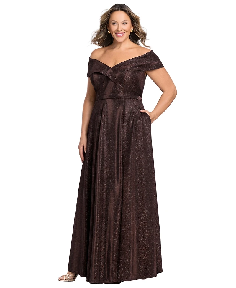 Xscape Plus Off-the-Shoulder Glitter Gown