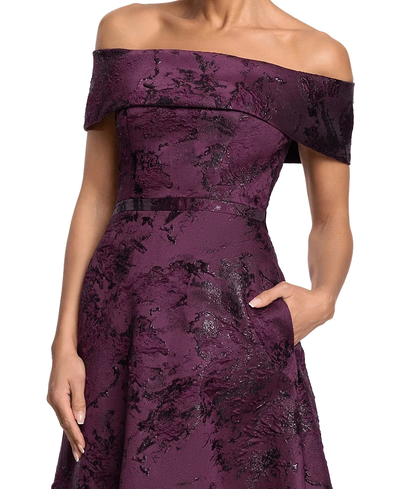 Xscape Petite Off-the-Shoulder Metallic Brocade A-Line Gown