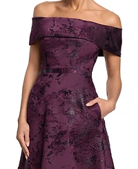 Xscape Petite Off-the-Shoulder Metallic Brocade A-Line Gown