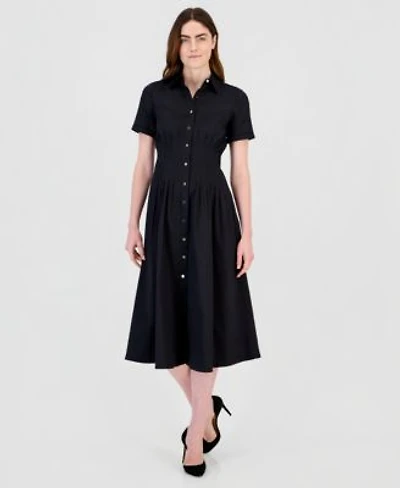 Anne Klein Womens Pleated Waist Midi Shirt Dress