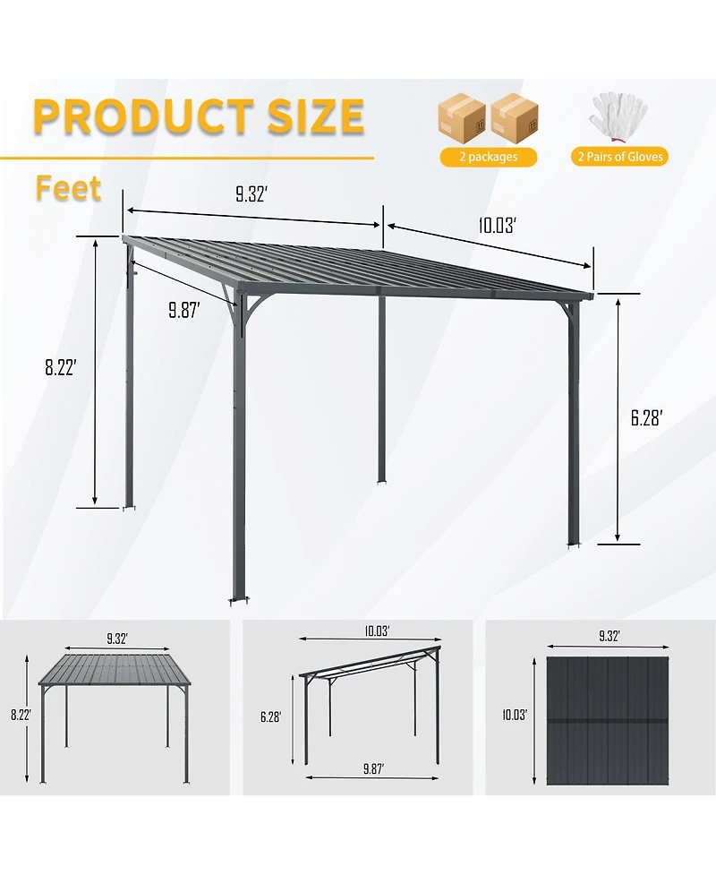 Streamdale Furniture 10' x 10' Galvanized Steel Hardtop Wall-Mounted Pergola Gazebo