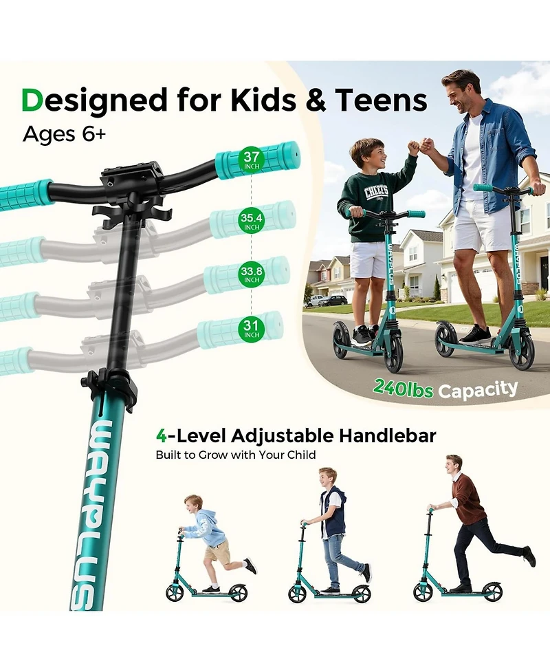Fed Fitness KS1 Foldable Kick Scooter with Led Light, 6+ Ages, 4 Adjustable Heights, 240 Lbs Max Load, Abec 9 Bearings
