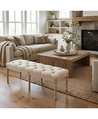 Maison Boucle French Country Tufted Bedroom Bench, 47.2" Cream Linen Upholstered End of Bed Bench, Solid Wood Carved Legs, Entryway Shoe Bench Seat