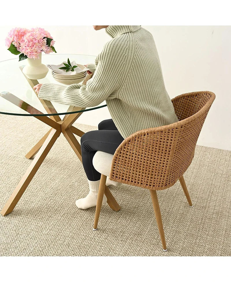Maison Boucle Set of 2 Rattan Back Dining Chairs, Woven Cane Accent Chairs with Upholstered Seat for Kitchen