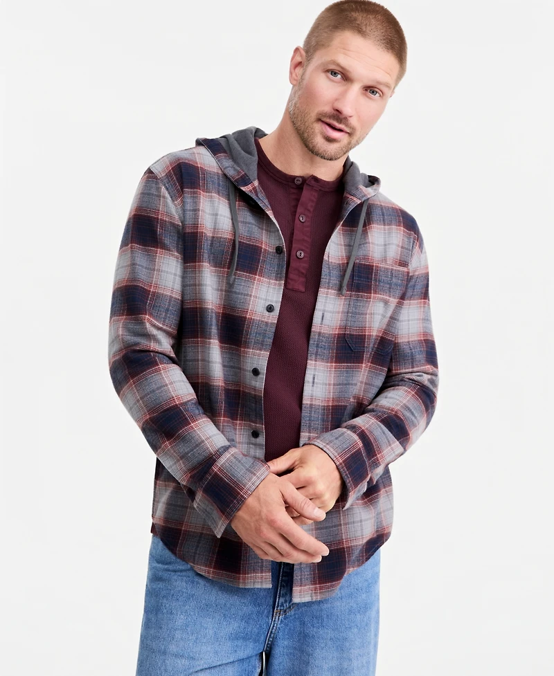 Sun + Stone Men's Gauff Hooded Long-Sleeve Flannel Shirt, Macy's Exclusive