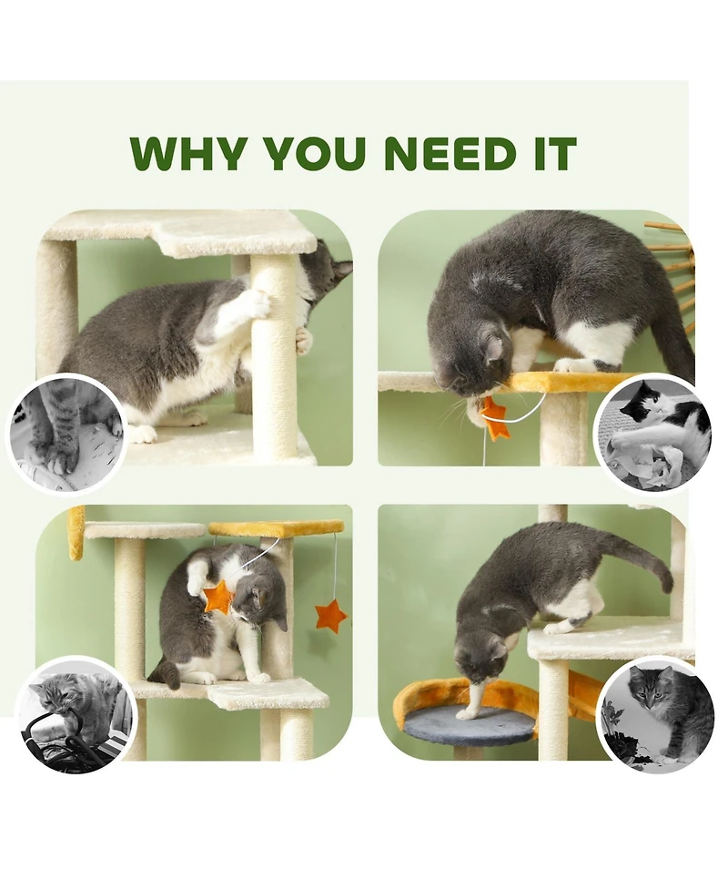 Ruie 63 Inch Moon and Star Cat Tree with Condo Hammock and Scratching Post