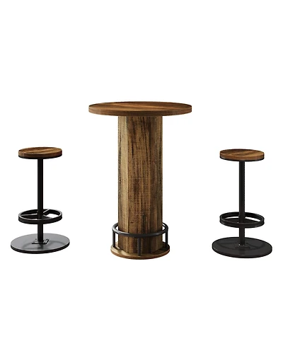 Yiortwo Round Bar Table Set with 2 Matching Bar Stools Rustic Wood and Metal Bistro Pub Furniture
