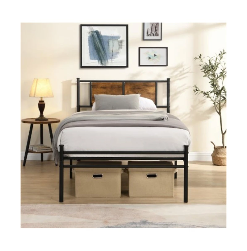 Lucky One Twin Xl Size Metal Bed Frame with Wood Panel Headboard, Steel Structure, No Box Spring Needed, Under-Bed Storage