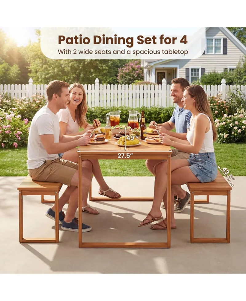 Yiortwo 3 Piece Acacia Wood Patio Dining Set with Table and 2 Benches Seats 4 for Garden Yard Poolside