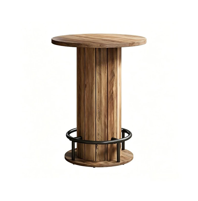 Yiortwo Round Wood Grain Bar Pub Table with Metal Footrest for Home Cafe Commercial Use Only Table