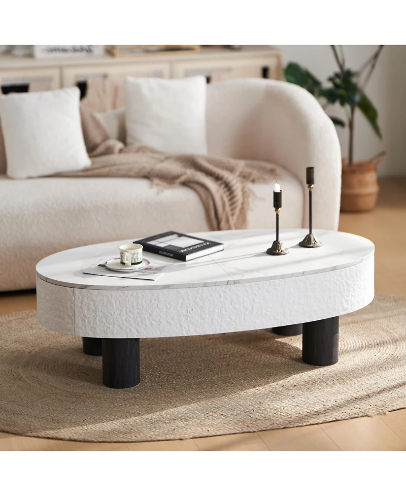 Clihome Oval Faux Marble Coffee Table with Hidden Drawer, Modern Retro End Table with Storage