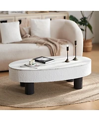 Clihome Oval Faux Marble Coffee Table with Hidden Drawer, Modern Retro End Table with Storage