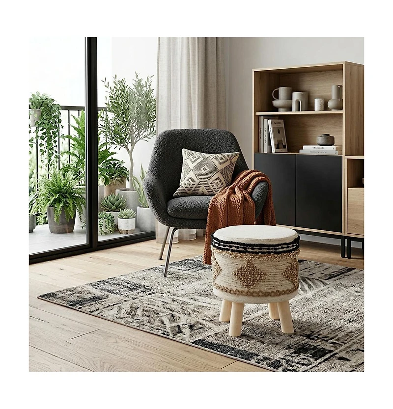HomeRoots 18" Cotton Abstract Round Footstool
