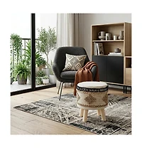 HomeRoots 18" Cotton Abstract Round Footstool