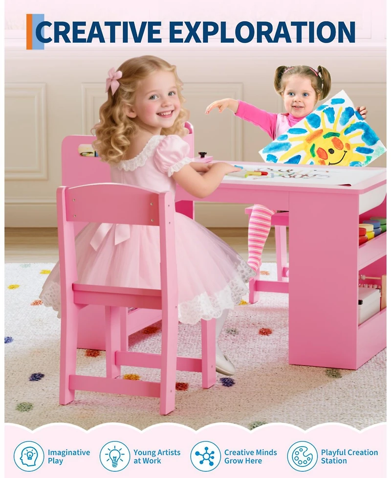 homfan Multi Functional Kids Art Table and 2 Chairs Set, Wooden Craft Desk with Large Storage Shelves for Drawing, Learning Activities