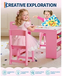 homfan Multi Functional Kids Art Table and 2 Chairs Set, Wooden Craft Desk with Large Storage Shelves for Drawing, Learning Activities