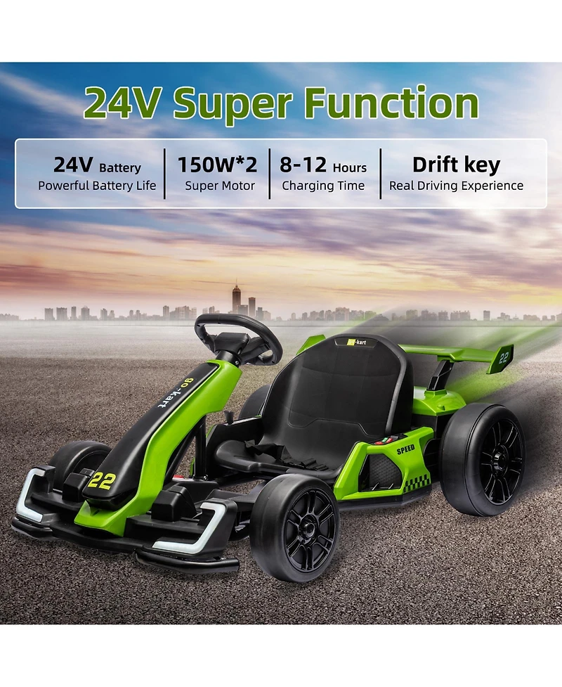 homfan 24V Go Kart, Dual 150W/300W Motors, Adjustable Seat, Drift and Sport Modes, Big Battery, Eva Tires, Led Lights, Up to 8mph
