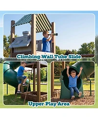 homfan Swing Set for Backyard, Kids Outdoor Playhouse Equipment with Turbo Tube Slide and Basketball Hoop