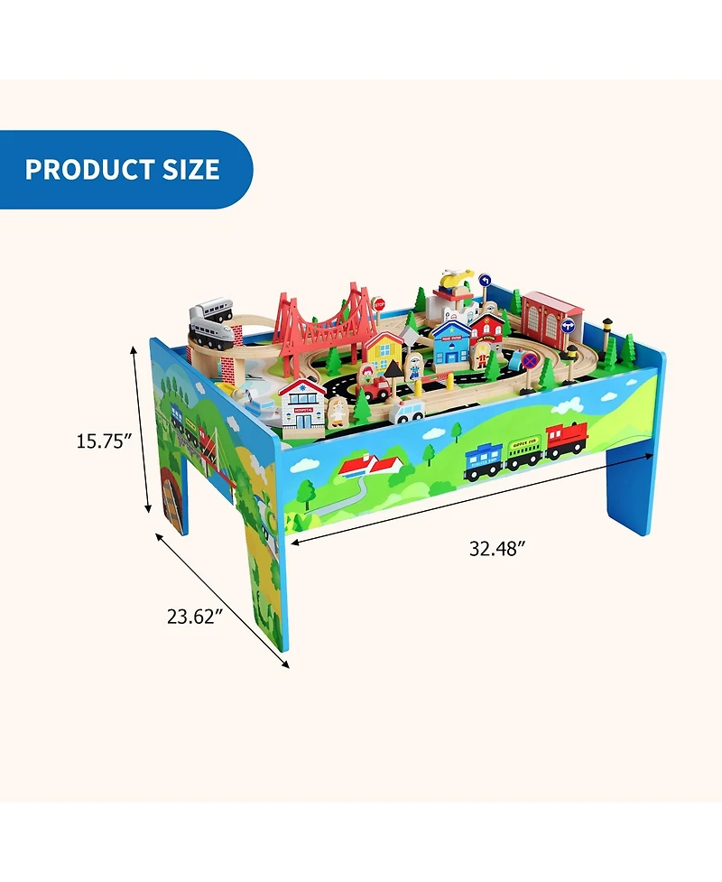 homfan Train and City 2 in 1 Reversible 80-Piece Wooden Activity Table, Ages 3+