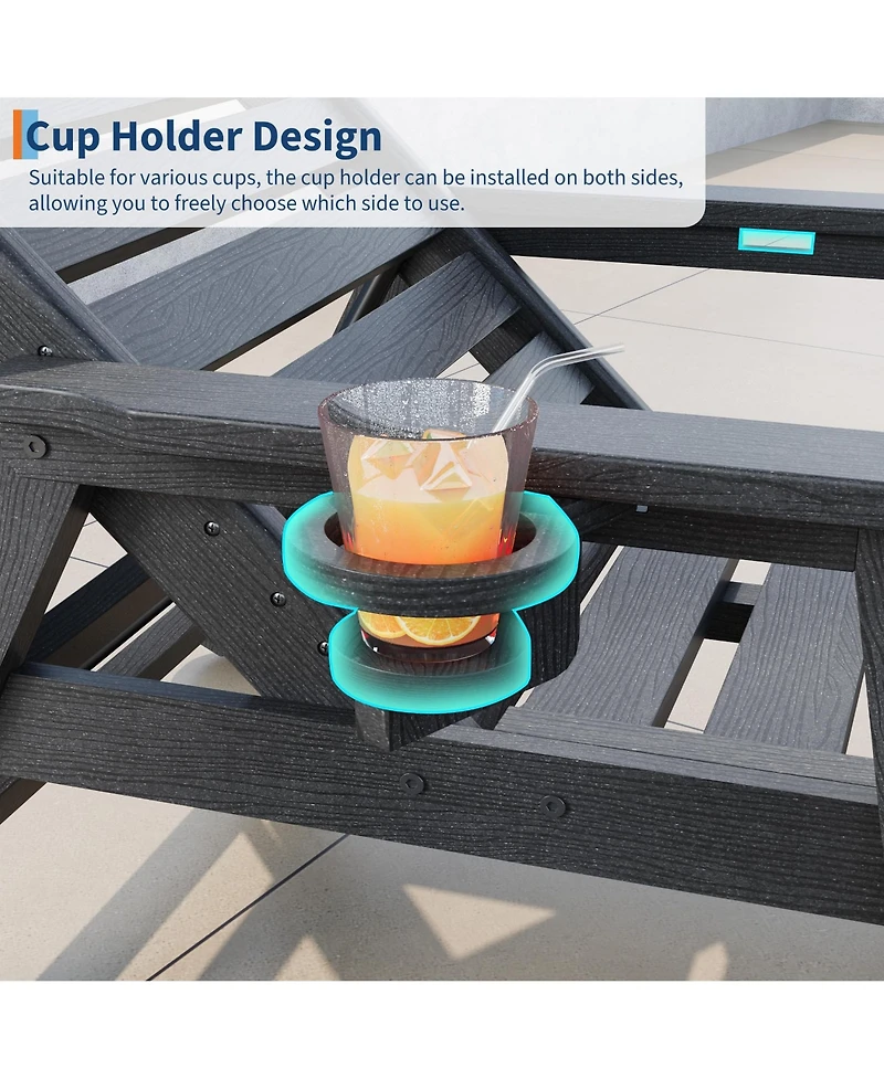 homfan Patio Chaise Lounge Chair Hdpe with Rolling Wheels, Cup Holder and 5-Position Backrest, All-Weather Lounger for Pool and Beach