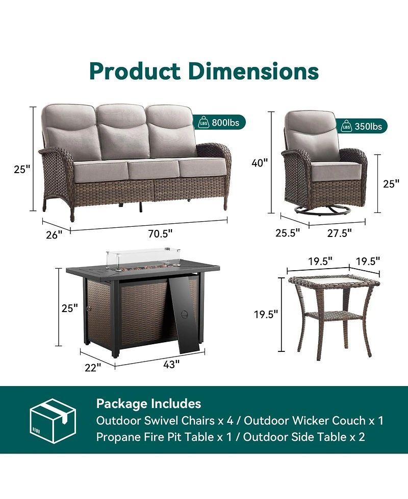 Pocassy 8 Piece Outdoor Furniture Set with 6-inch Cushions, Wicker Conversation Swivel Rocker Chairs and Ottomans, High Back