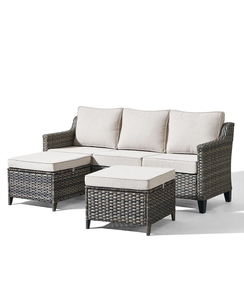 Pocassy 3 Pieces Patio Furniture Set All-Weather Outdoor Wicker Sofa Couch with Cushion and Ottomans