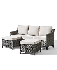 Pocassy 3 Pieces Patio Furniture Set All-Weather Outdoor Wicker Sofa Couch with Cushion and Ottomans