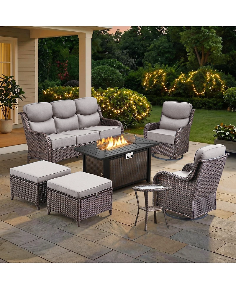 Pocassy Piece Outdoor Patio Furniture with Fire Pit Set,Wicker Sofa Set Rocking Chairs Ottomans,6inch Thick Cushions
