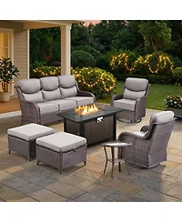 Pocassy Piece Outdoor Patio Furniture with Fire Pit Set,Wicker Sofa Set Rocking Chairs Ottomans,6inch Thick Cushions